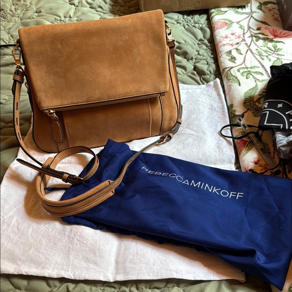 Rebecca Minkoff Tan Suede Crossbody Bag with Fold-Over Flap